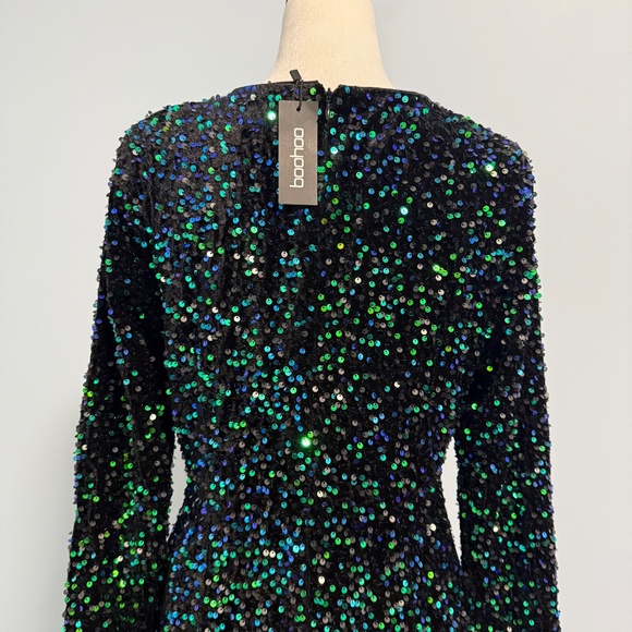 Boohoo Women’s Velvet Sequin Bodycon Mini Party Emerald Dress Size 10 - Picture 6 of 11